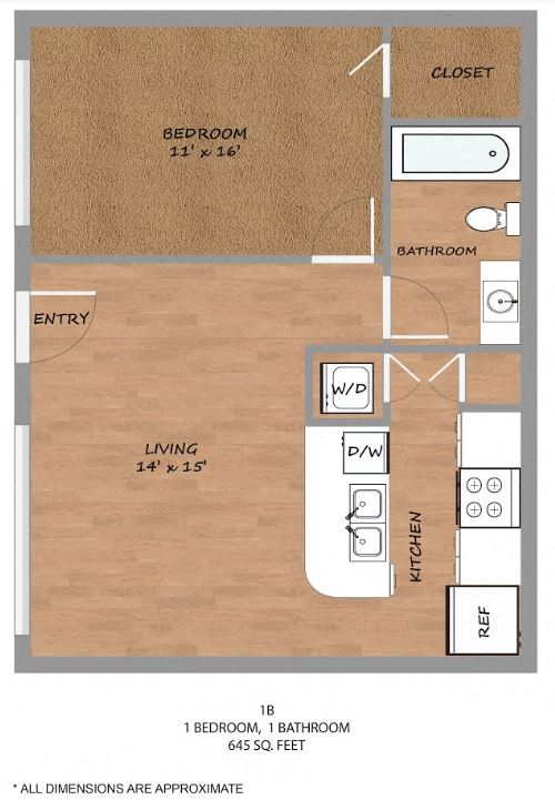 Floor plan for 1 bed, 1 bath, 645 sqft